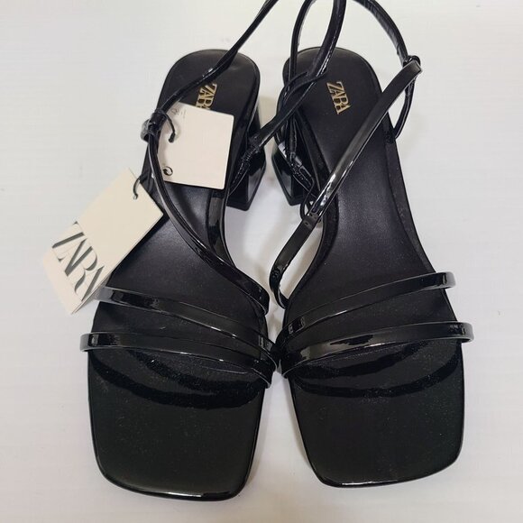 ZARA FAUX PATENT FINISH SANDALS WITH STRAPS  BLACK SIZE 6.5 | 2307/110 - Picture 9 of 10